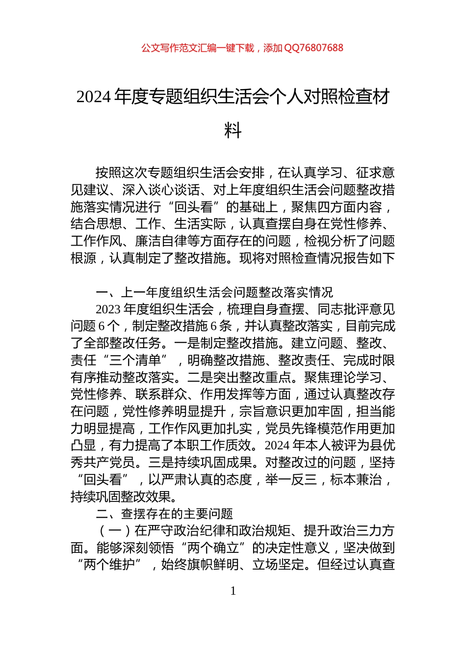 2024年度专题组织生活会个人对照检查材料_第1页