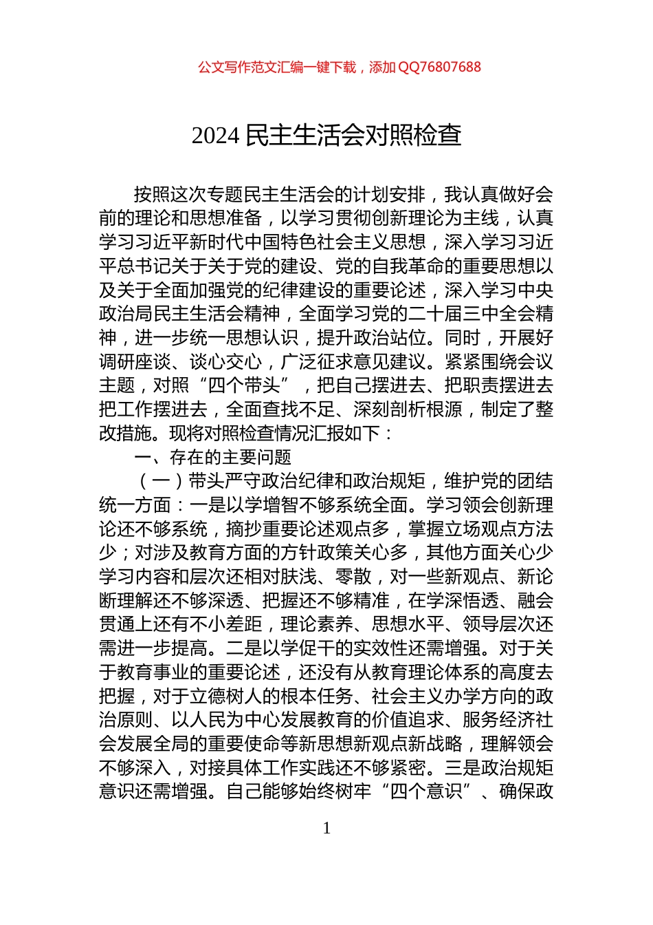 2024民主生活会对照检查_第1页