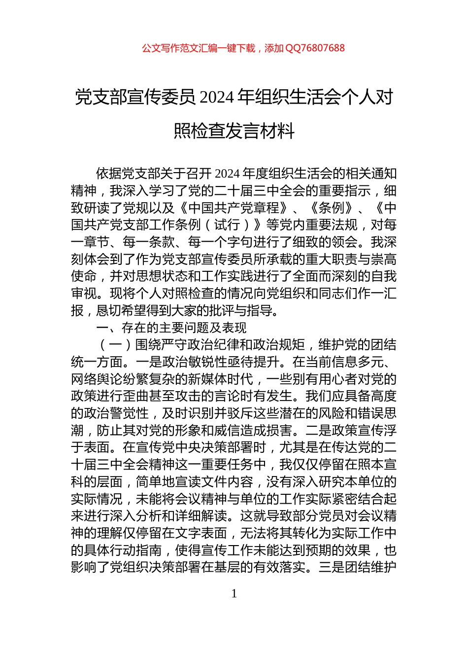 党支部宣传委员2024年组织生活会个人对照检查发言材料_第1页
