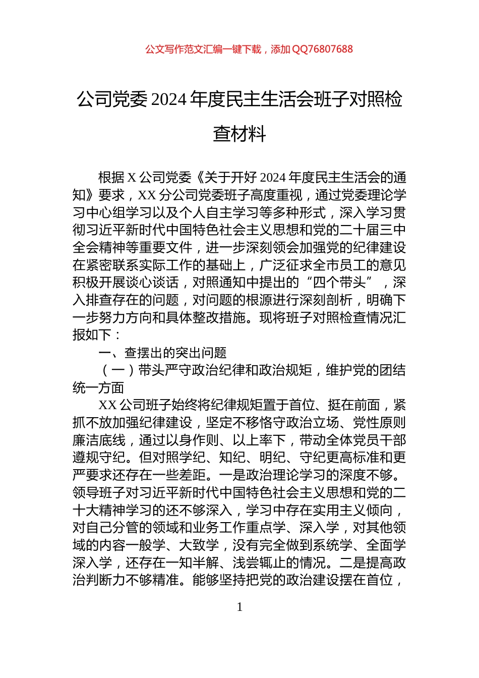 公司党委2024年度民主生活会班子对照检查材料_第1页