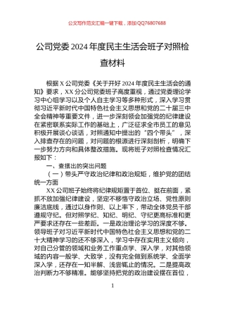 公司党委2024年度民主生活会班子对照检查材料