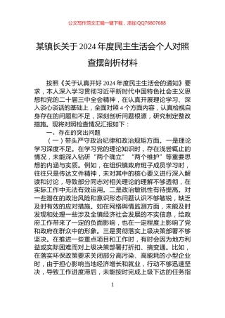 某镇长关于2024年度民主生活会个人对照查摆剖析材料