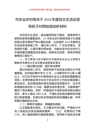 市农业农村局关于2024年度民主生活会领导班子对照检视剖析材料