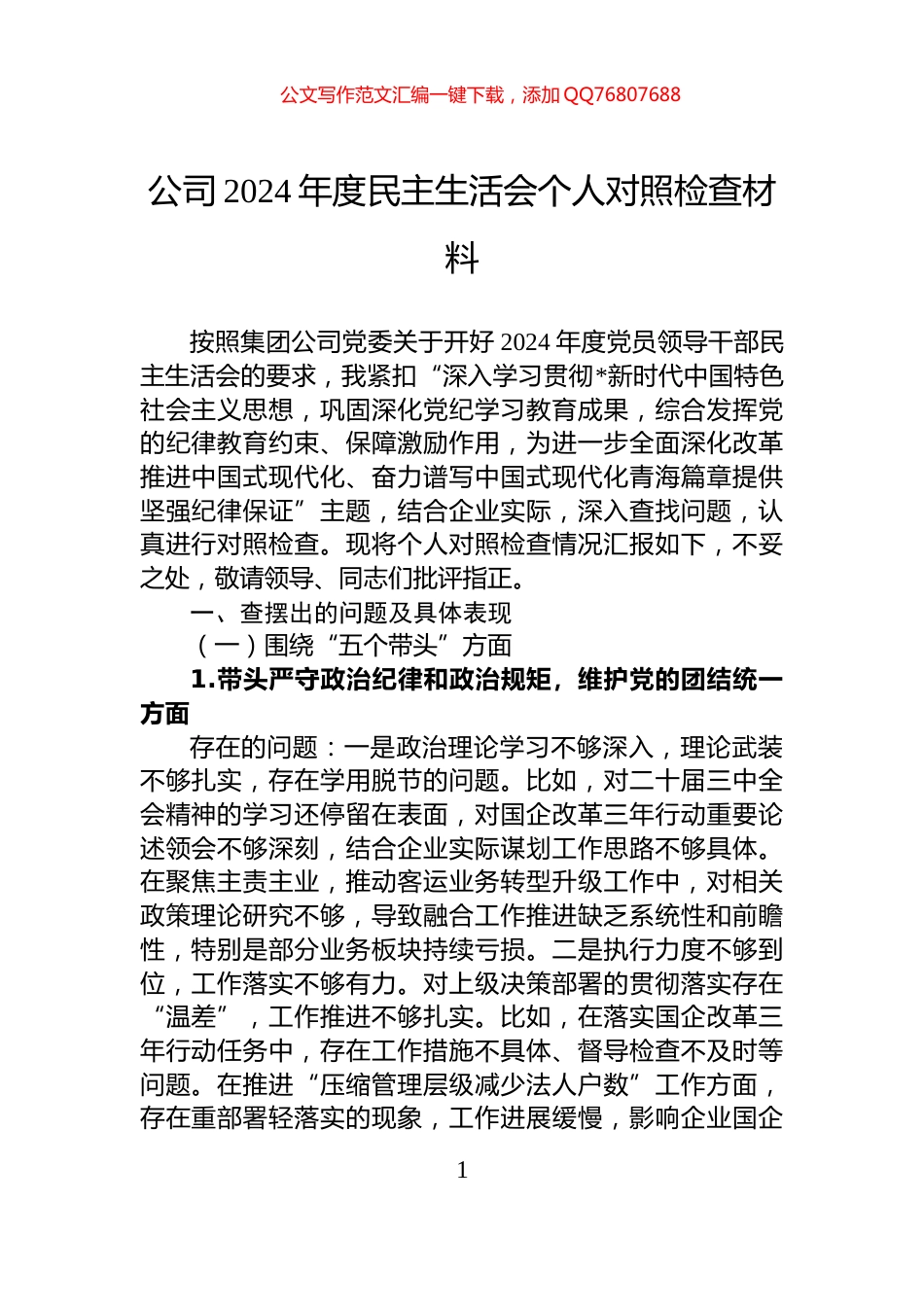 公司2024年度民主生活会个人对照检查材料_第1页