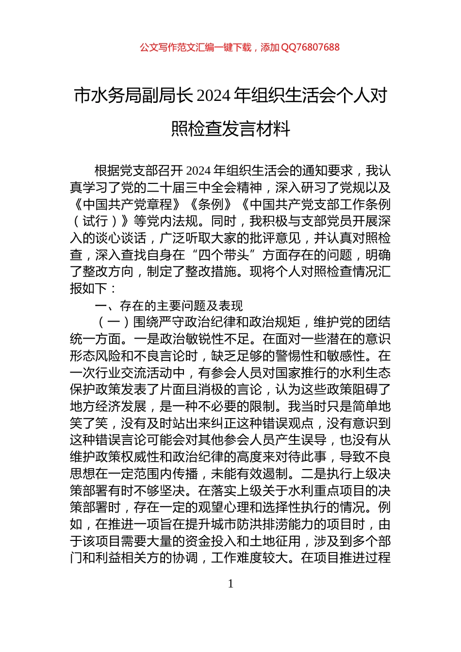 市水务局副局长2024年组织生活会个人对照检查发言材料_第1页