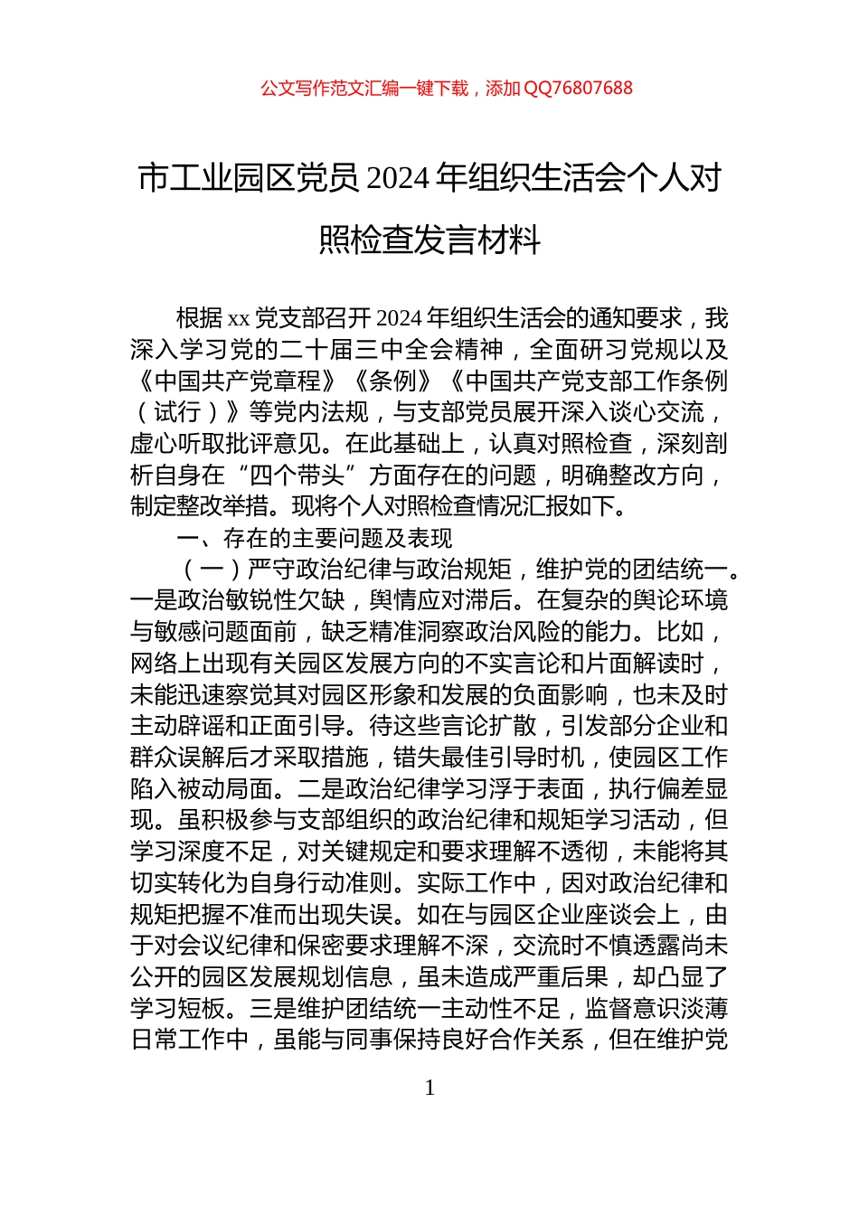 市工业园区党员2024年组织生活会个人对照检查发言材料_第1页