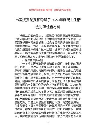 市国资委党委领导班子2024年度民主生活会对照检查材料