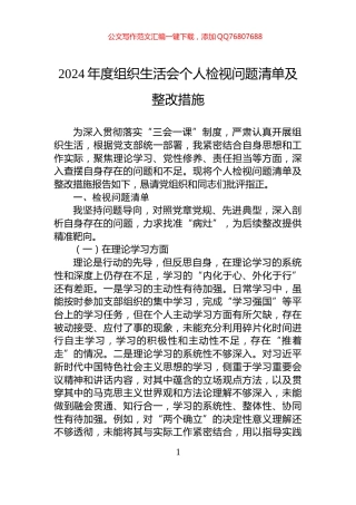 2024年度组织生活会个人检视问题清单及整改措施