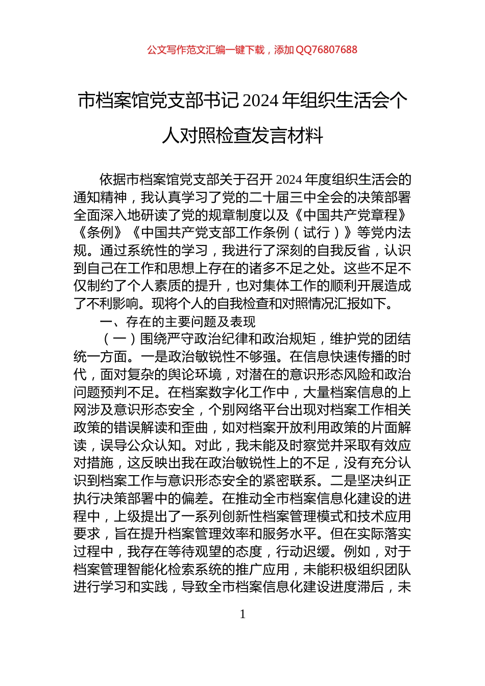 市档案馆党支部书记2024年组织生活会个人对照检查发言材料_第1页