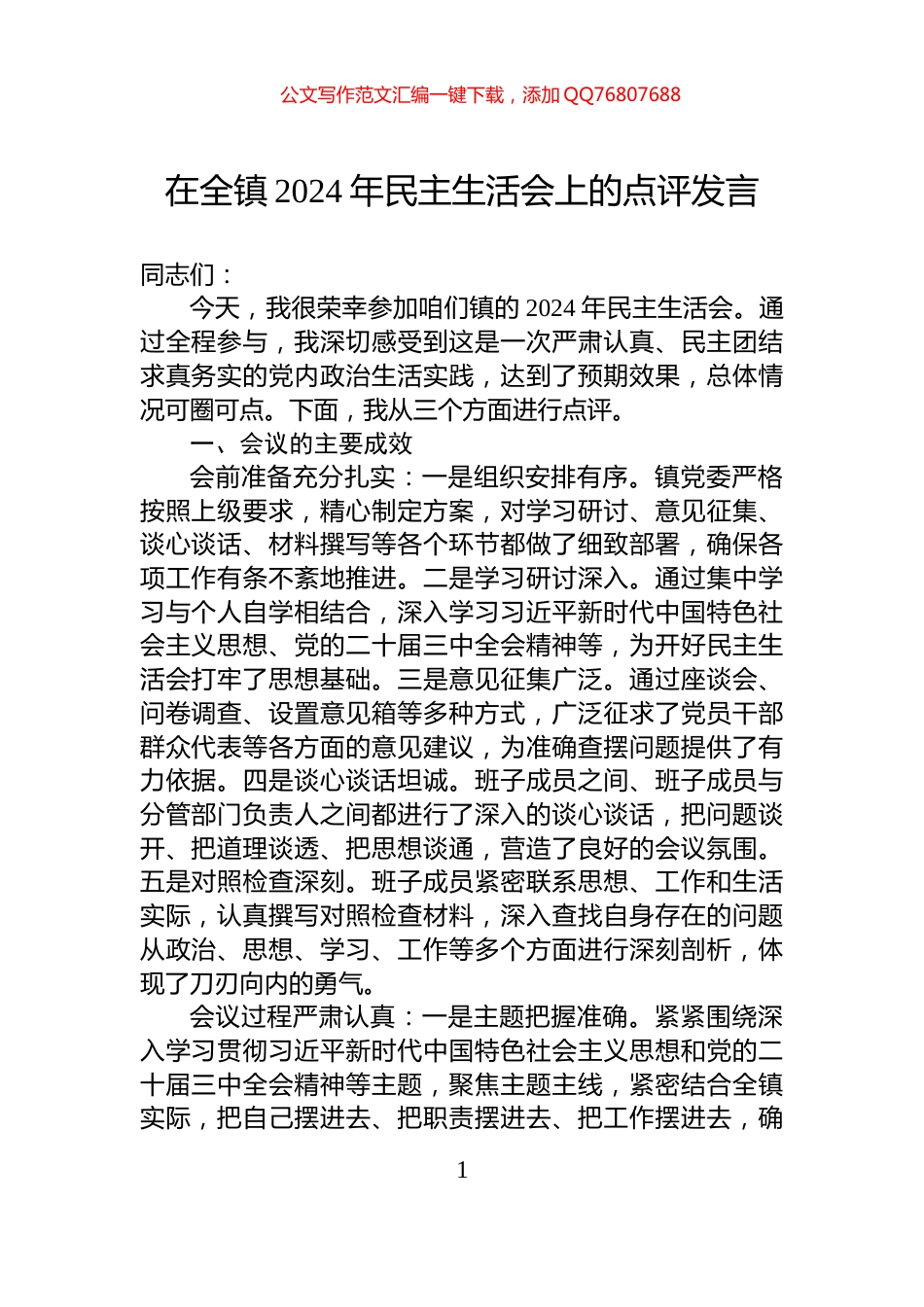 在全镇2024年民主生活会上的点评发言_第1页