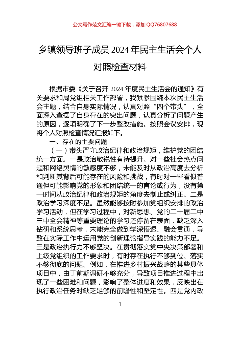乡镇领导班子成员2024年民主生活会个人对照检查材料_第1页
