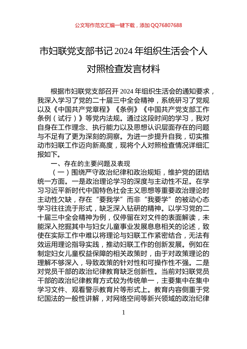 市妇联党支部书记2024年组织生活会个人对照检查发言材料_第1页