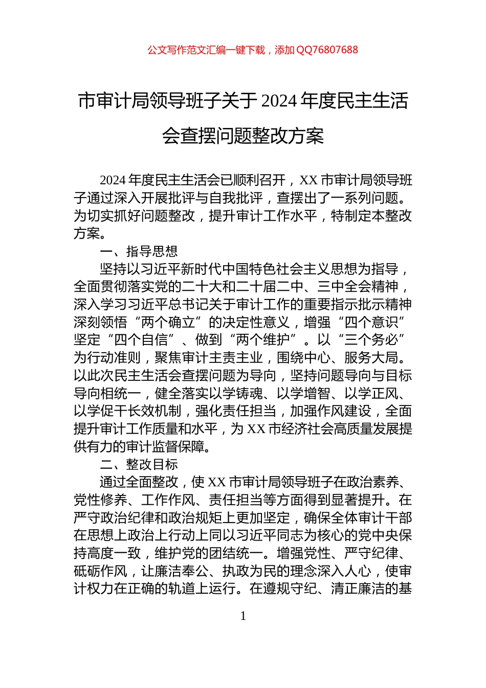 市审计局领导班子关于2024年度民主生活会查摆问题整改方案_第1页