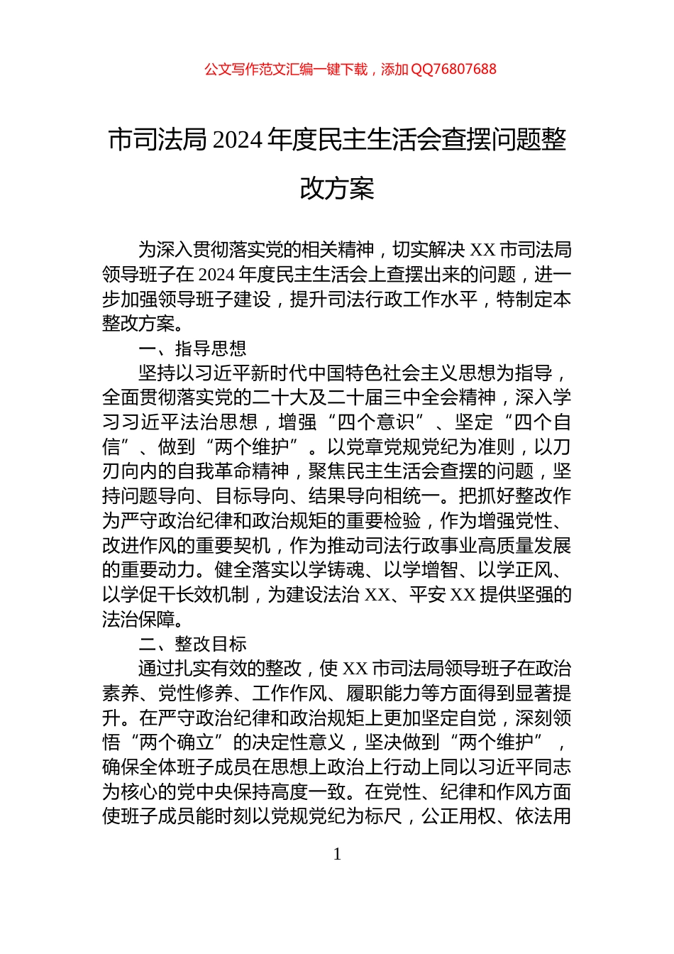 市司法局2024年度民主生活会查摆问题整改方案_第1页