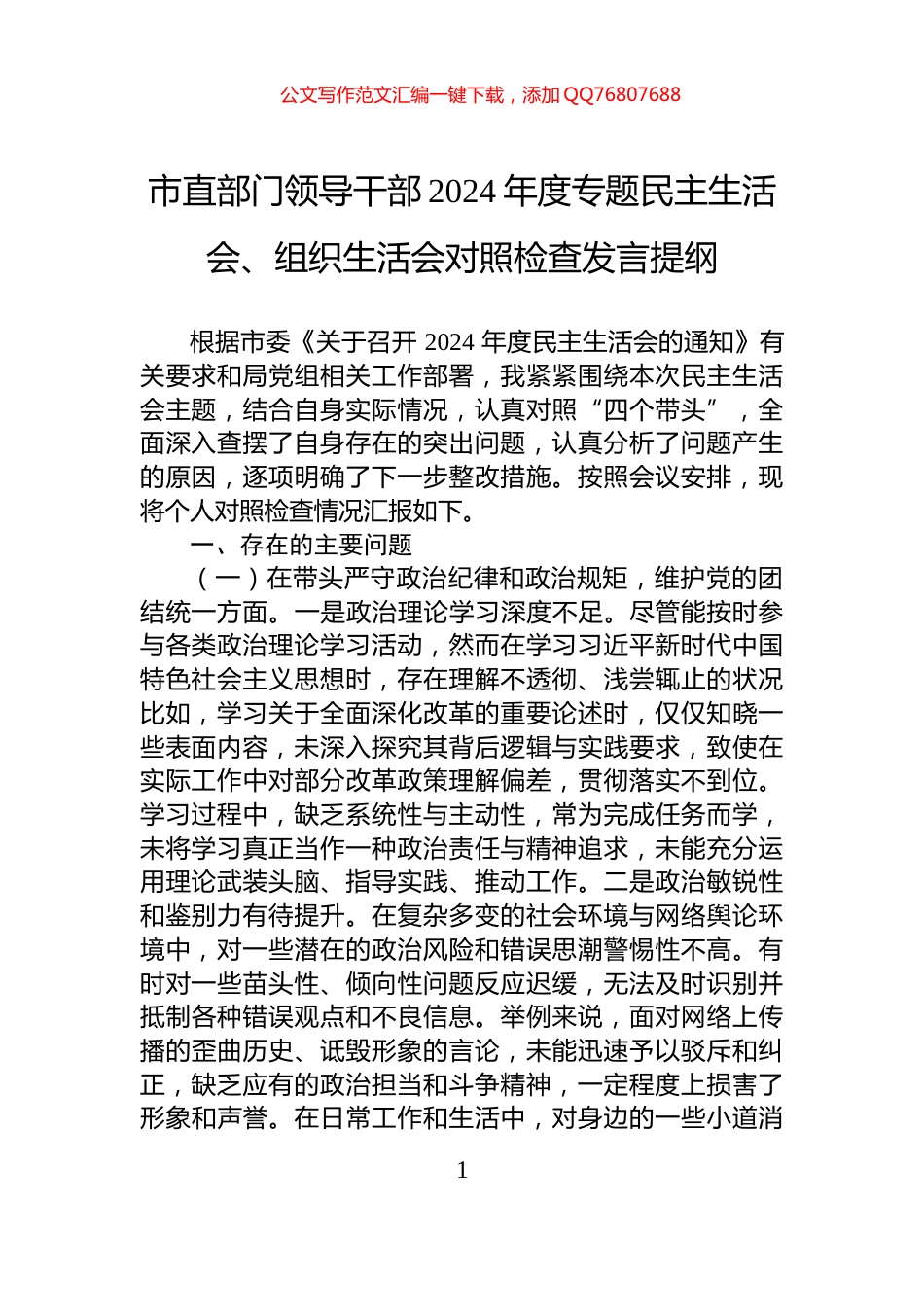 市直部门领导干部2024年度专题民主生活会、组织生活会对照检查发言提纲_第1页