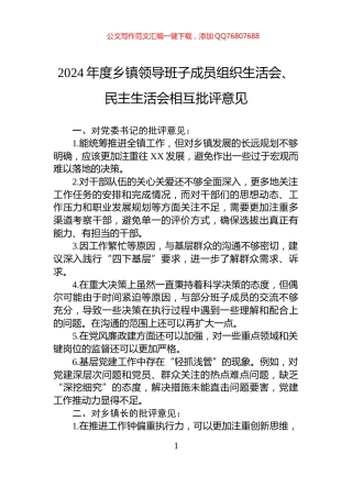 2024年度乡镇领导班子成员组织生活会、民主生活会相互批评意见