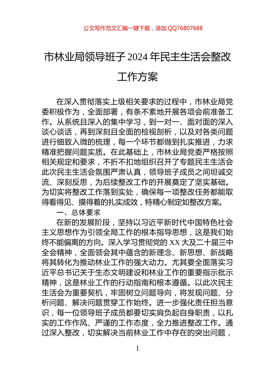 市林业局领导班子2024年民主生活会整改工作方案_第1页