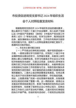 市投资促进局党支部书记2024年组织生活会个人对照检查发言材料