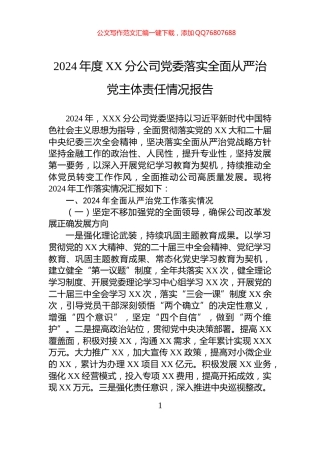 2024年度XX分公司党委落实全面从严治党主体责任情况报告