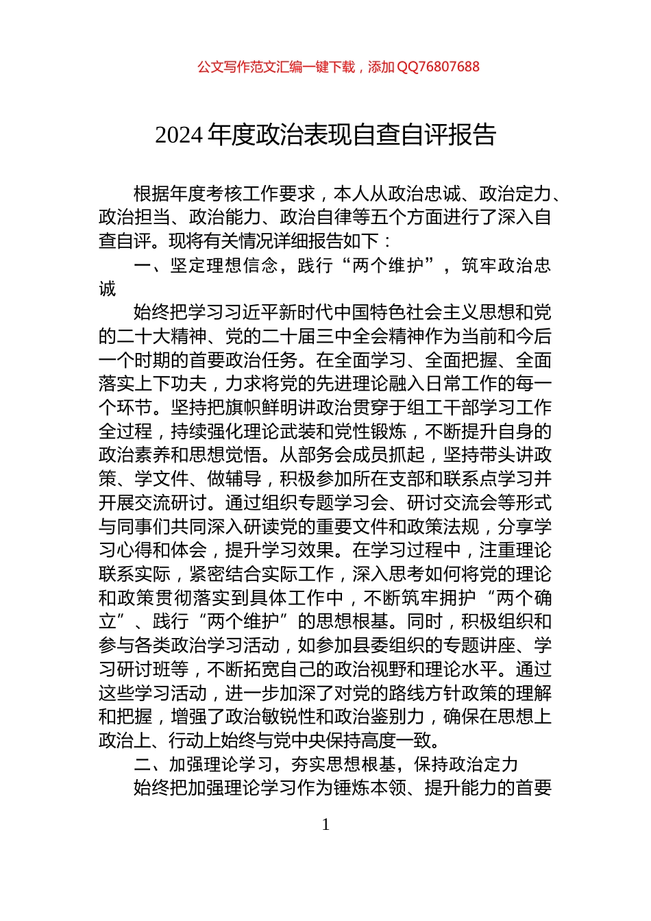 2024年度政治表现自查自评报告_第1页