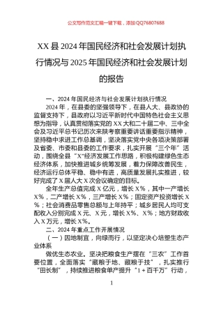 XX县2024年国民经济和社会发展计划执行情况与2025年国民经济和社会发展计划的报告