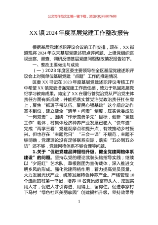 XX镇2024年度基层党建工作整改报告