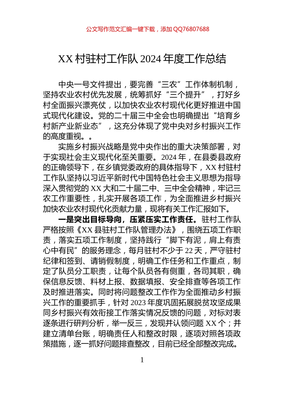 XX村驻村工作队2024年度工作总结_第1页