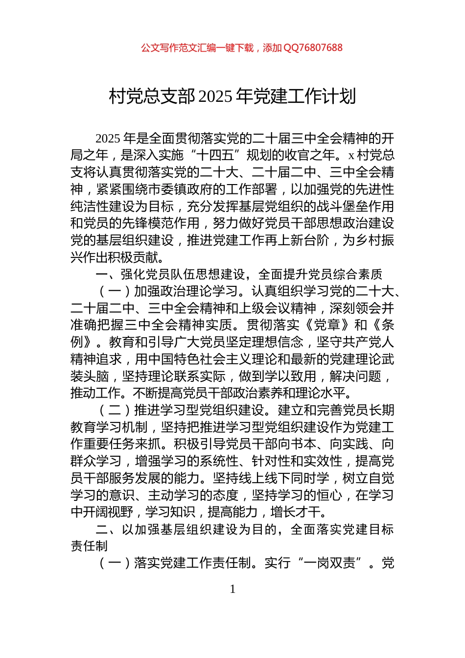 村党总支部2025年党建工作计划_第1页