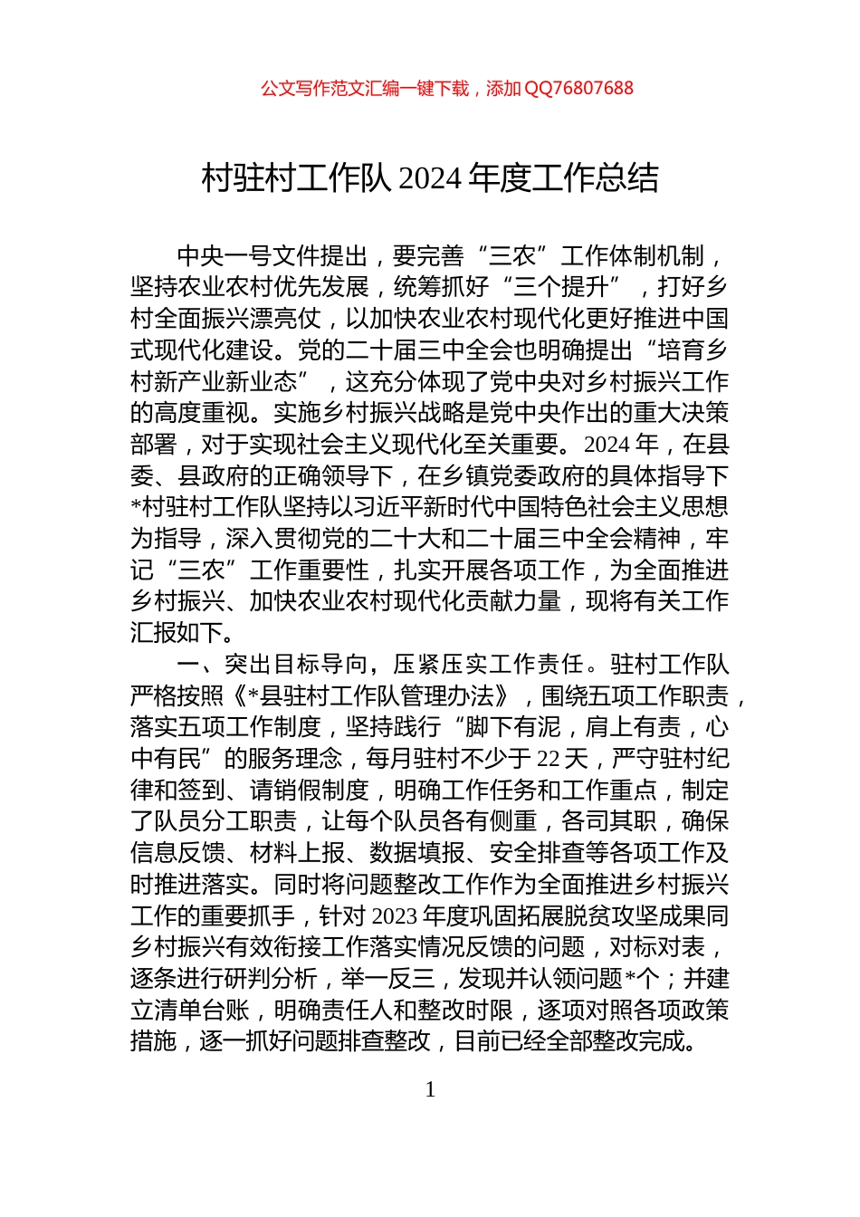 村驻村工作队2024年度工作总结_第1页