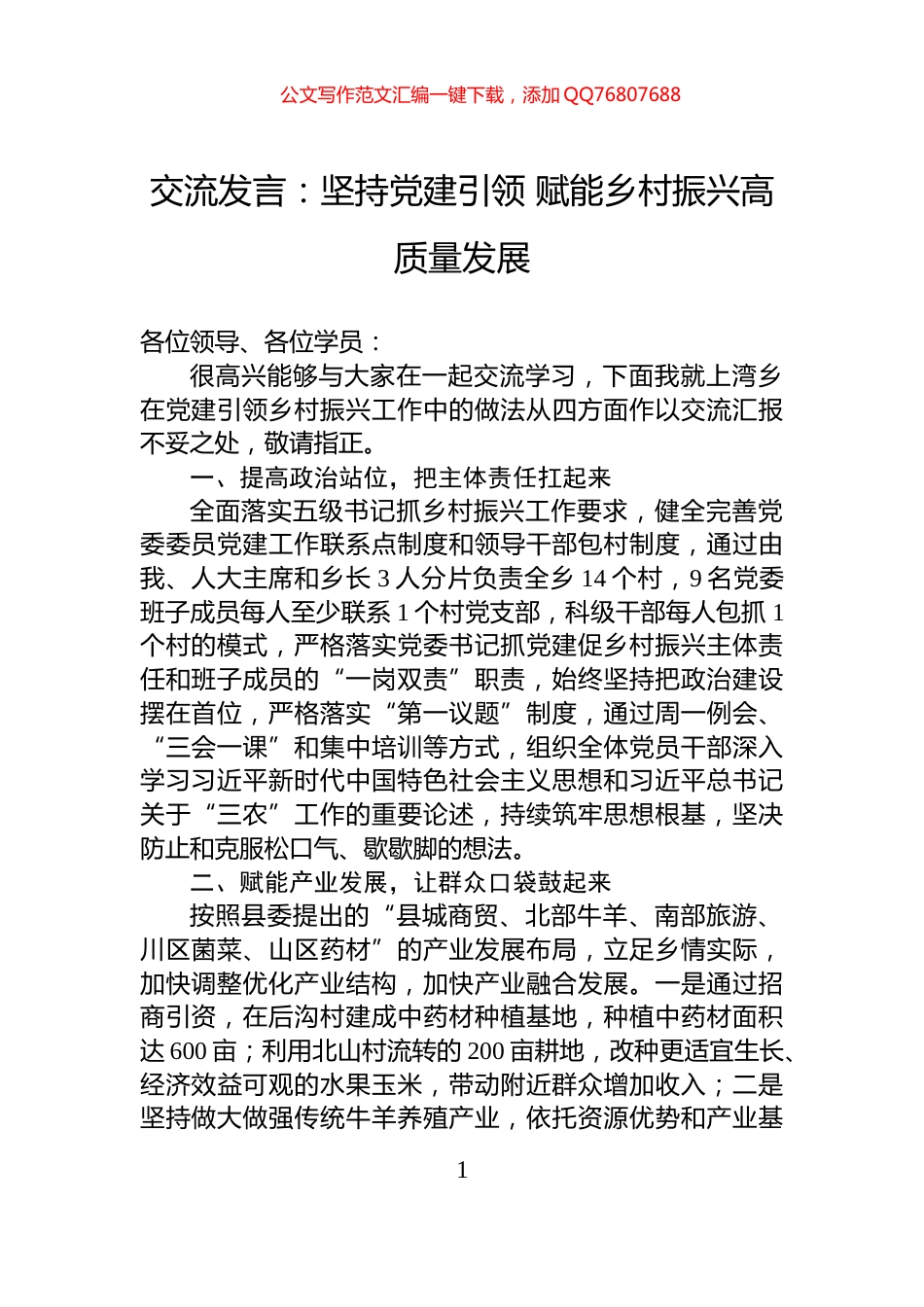 交流发言：坚持党建引领+赋能乡村振兴高质量发展_第1页