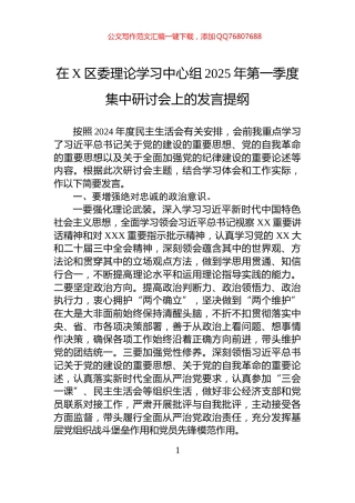 在X区委理论学习中心组2025年第一季度集中研讨会上的发言提纲