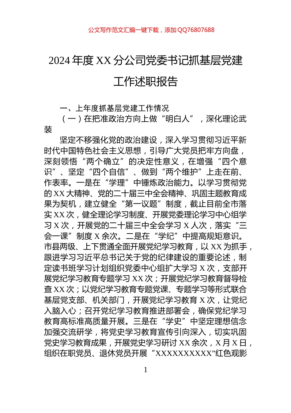 2024年度XX分公司党委书记抓基层党建工作述职报告_第1页