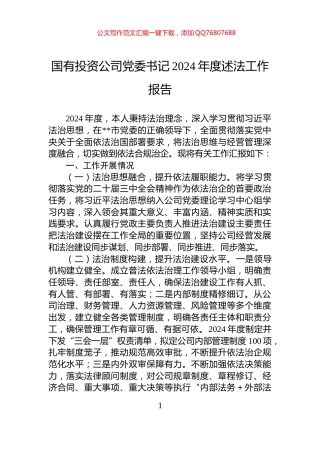 国有投资公司党委书记2024年度述法工作报告