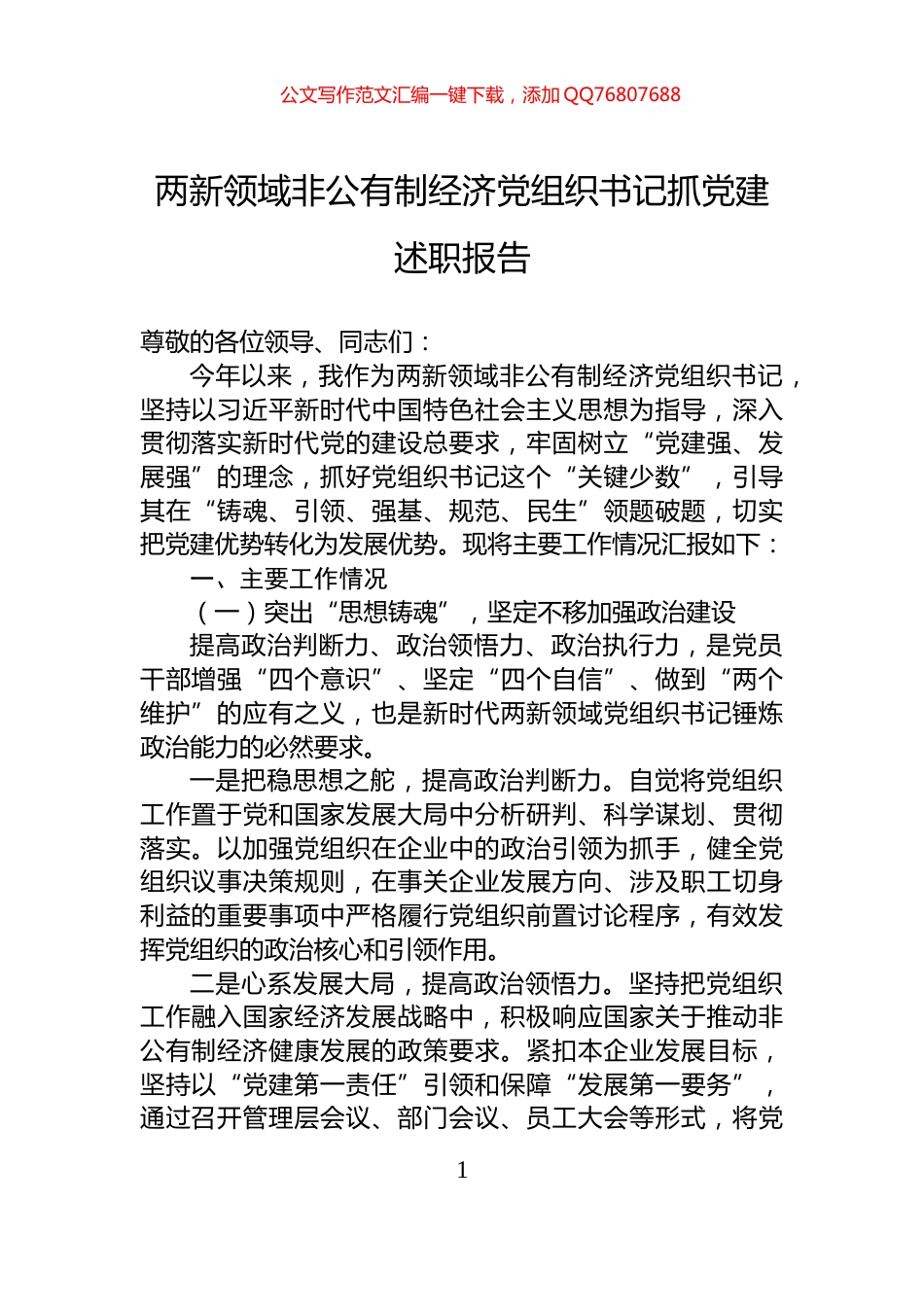 两新领域非公有制经济党组织书记抓党建述职报告_第1页