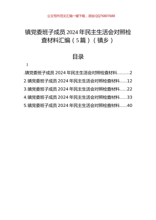 镇党委班子成员2024年民主生活会对照检查材料汇编（5篇）（镇乡）