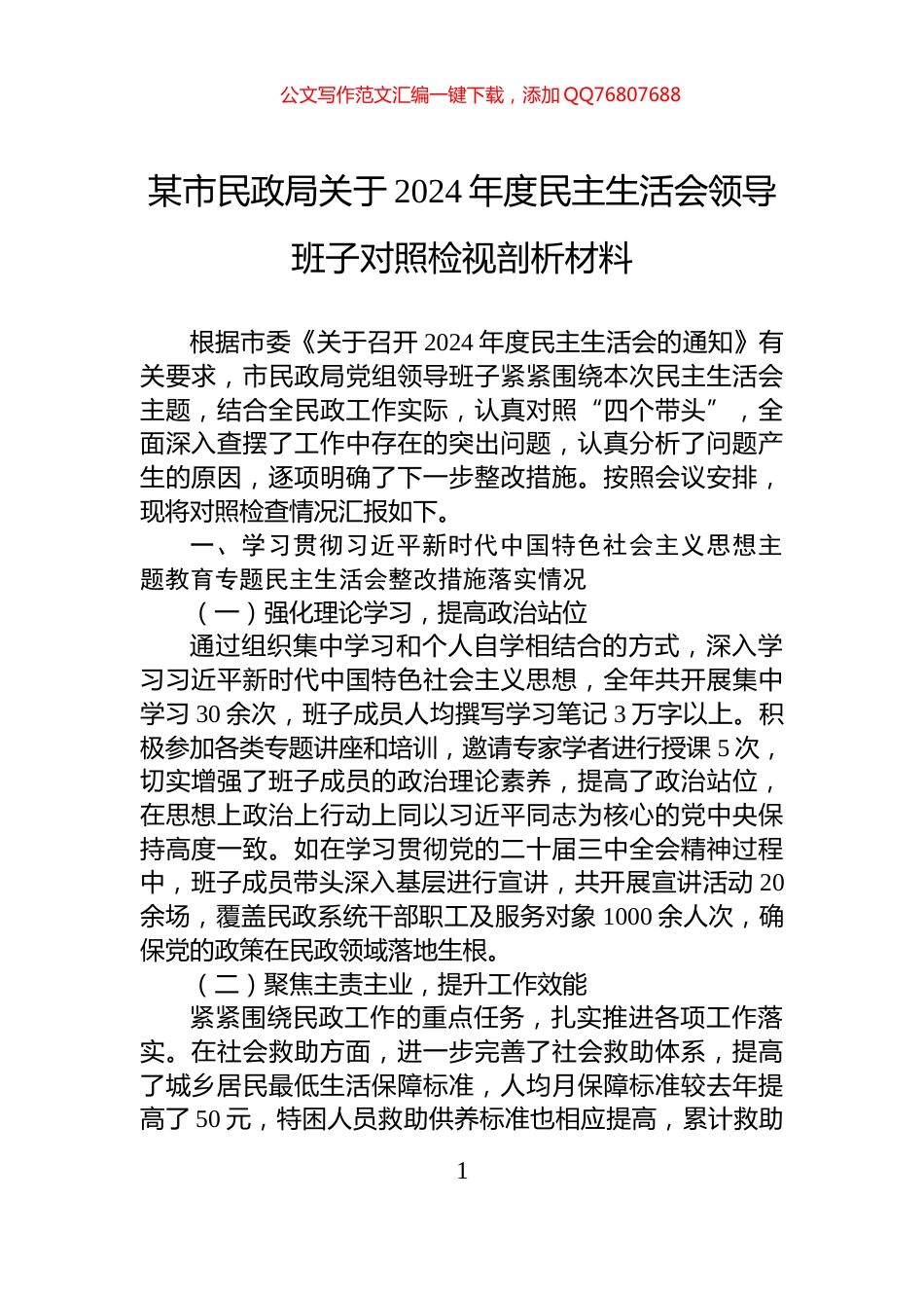 某市民政局关于2024年度民主生活会领导班子对照检视剖析材料_第1页