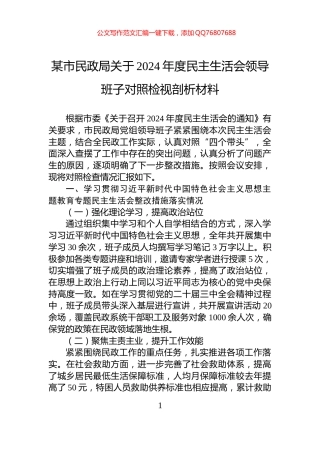 某市民政局关于2024年度民主生活会领导班子对照检视剖析材料