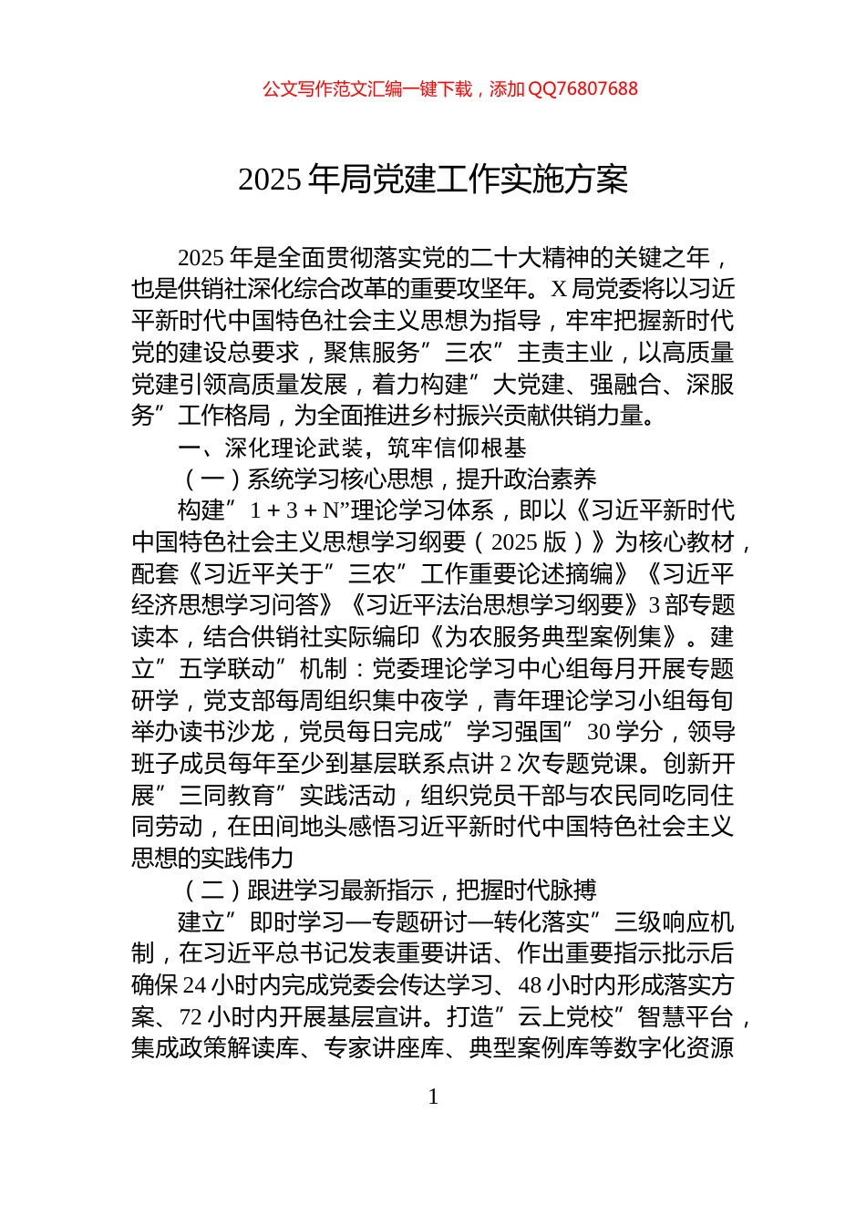 2025年局党建工作实施方案_第1页