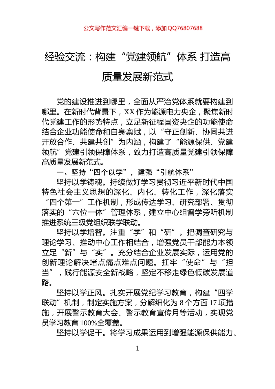 经验交流：构建“党建领航”体系+打造高质量发展新范式_第1页