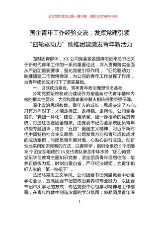 国企青年工作经验交流：发挥党建引领“四轮驱动力”助推团建激发青年新活力