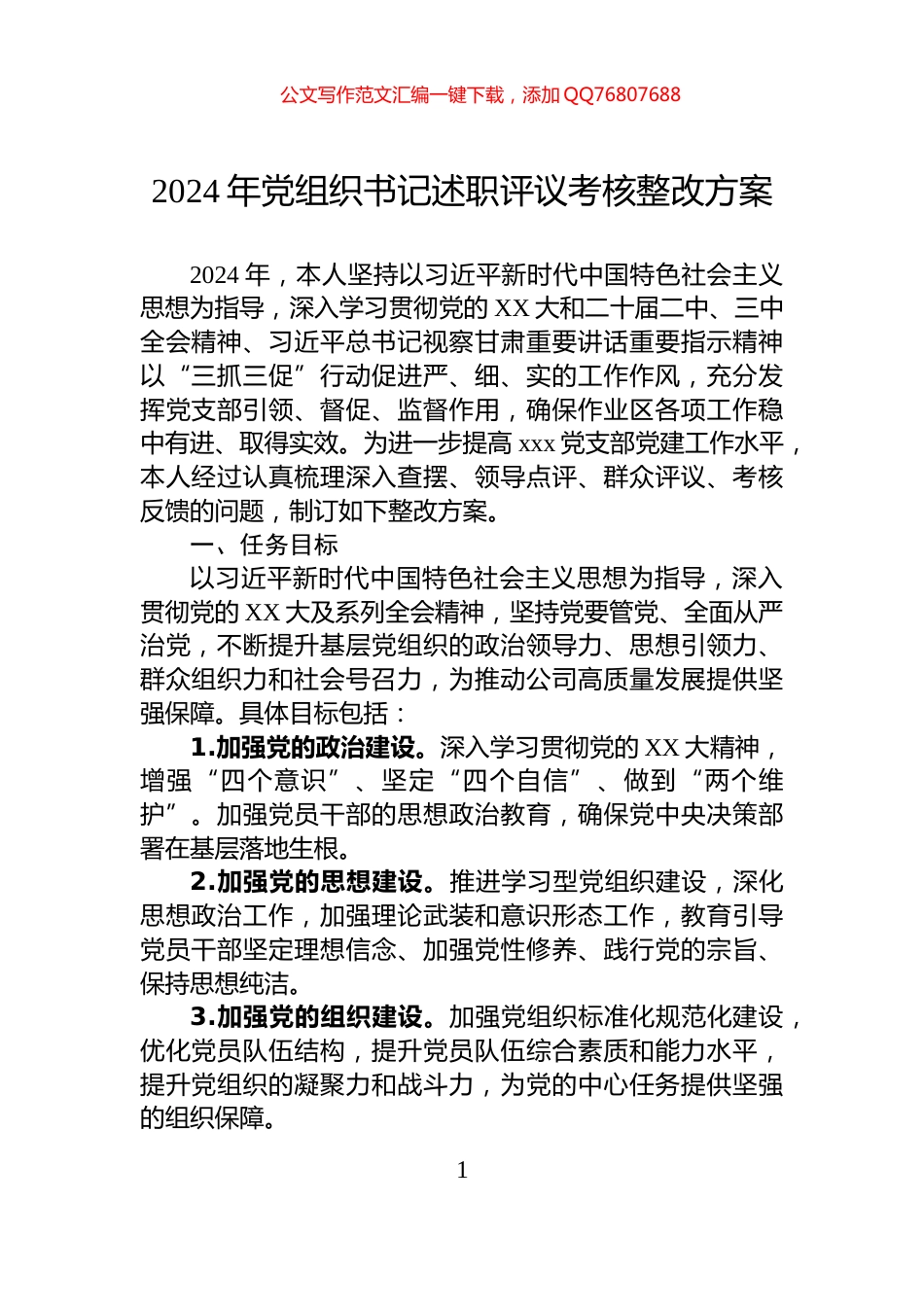 2024年党组织书记述职评议考核整改方案_第1页