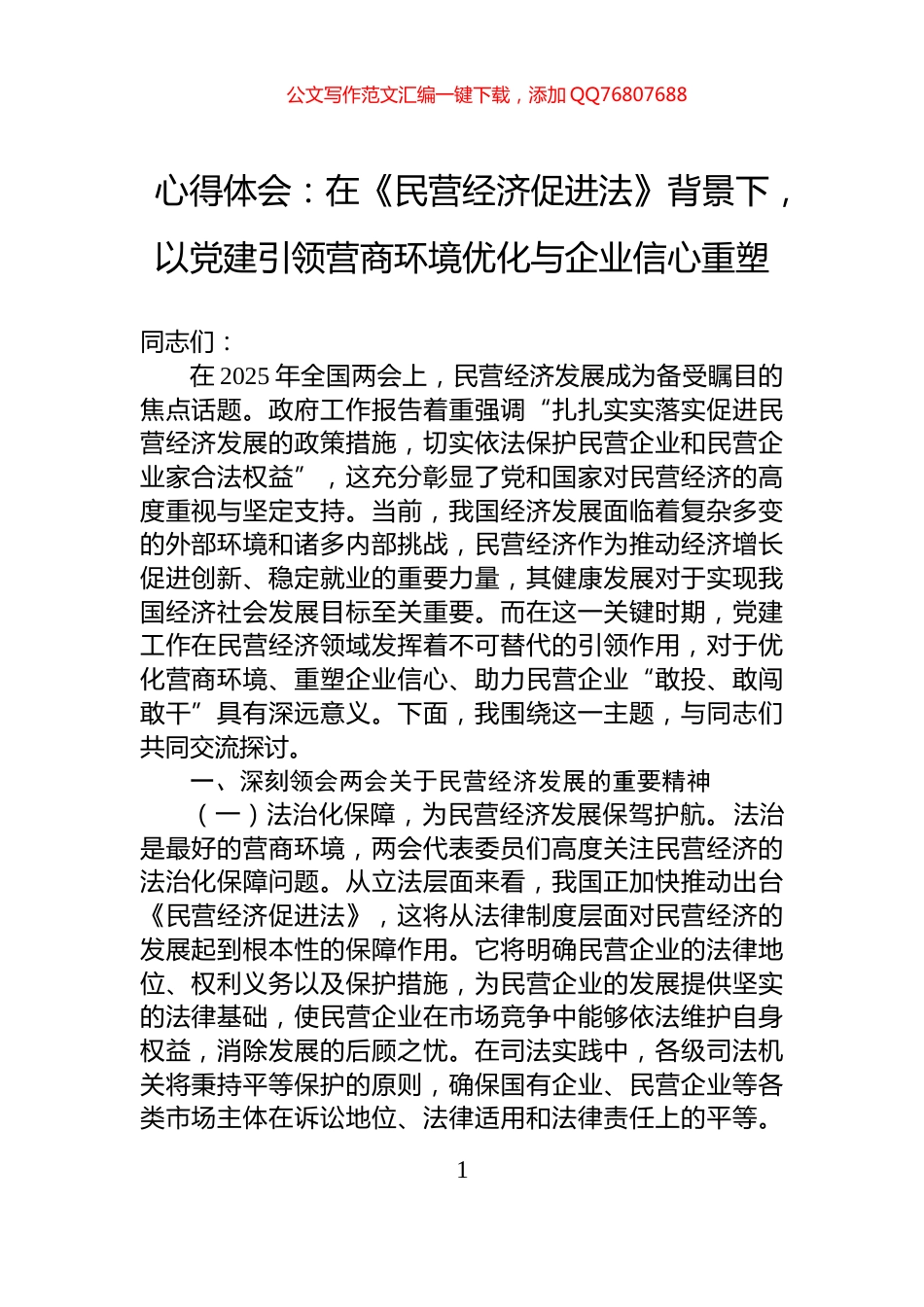 心得体会：在《民营经济促进法》背景下，以党建引领营商环境优化与企业信心重塑_第1页