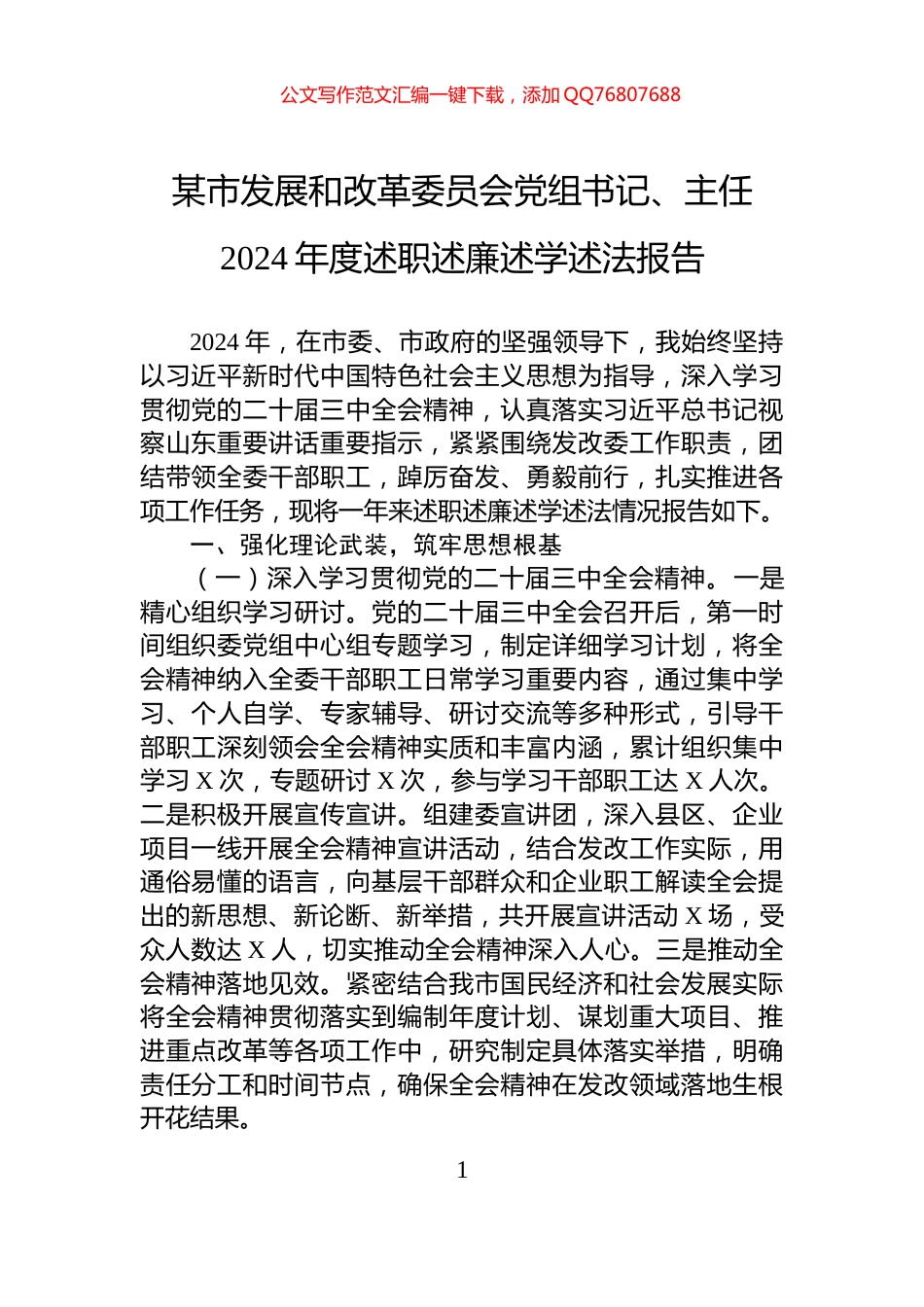 某市发展和改革委员会党组书记、主任2024年度述职述廉述学述法报告_第1页