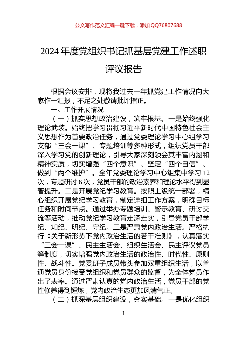 2024年度党组织书记抓基层党建工作述职评议报告_第1页