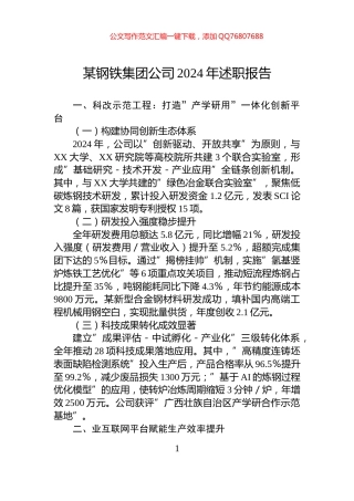 某钢铁集团公司2024年述职报告
