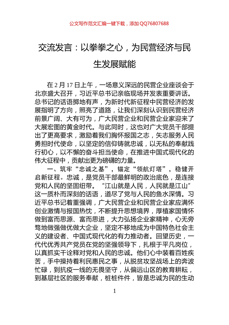交流发言：以拳拳之心，为民营经济与民生发展赋能_第1页