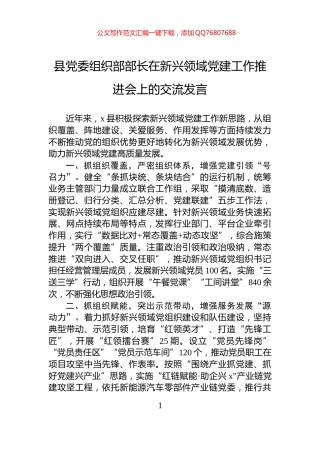 县党委组织部部长在新兴领域党建工作推进会上的交流发言