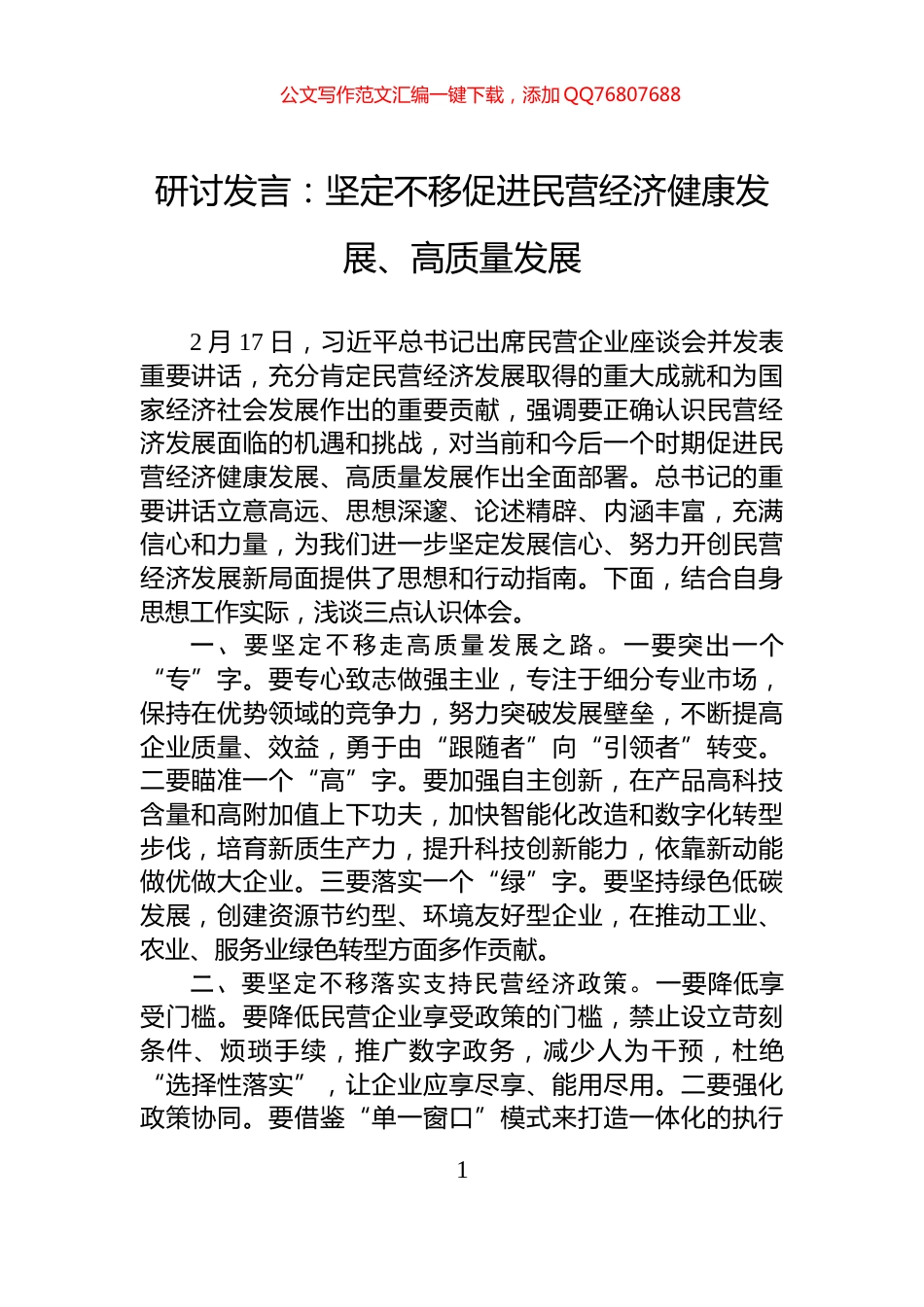 研讨发言：坚定不移促进民营经济健康发展、高质量发展_第1页