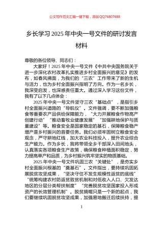 乡长学习2025年中央一号文件的研讨发言材料