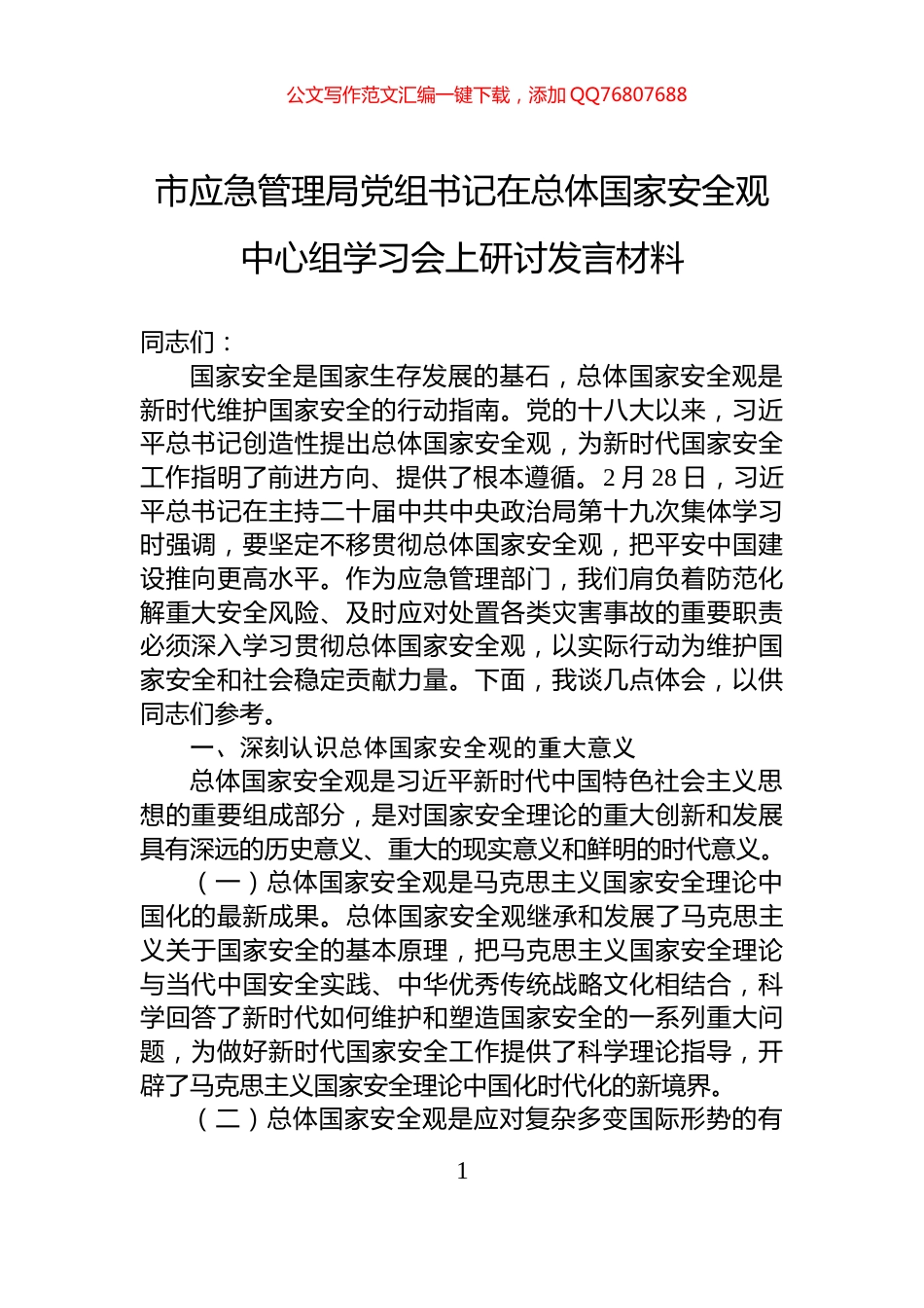 市应急管理局党组书记在总体国家安全观中心组学习会上研讨发言材料_第1页